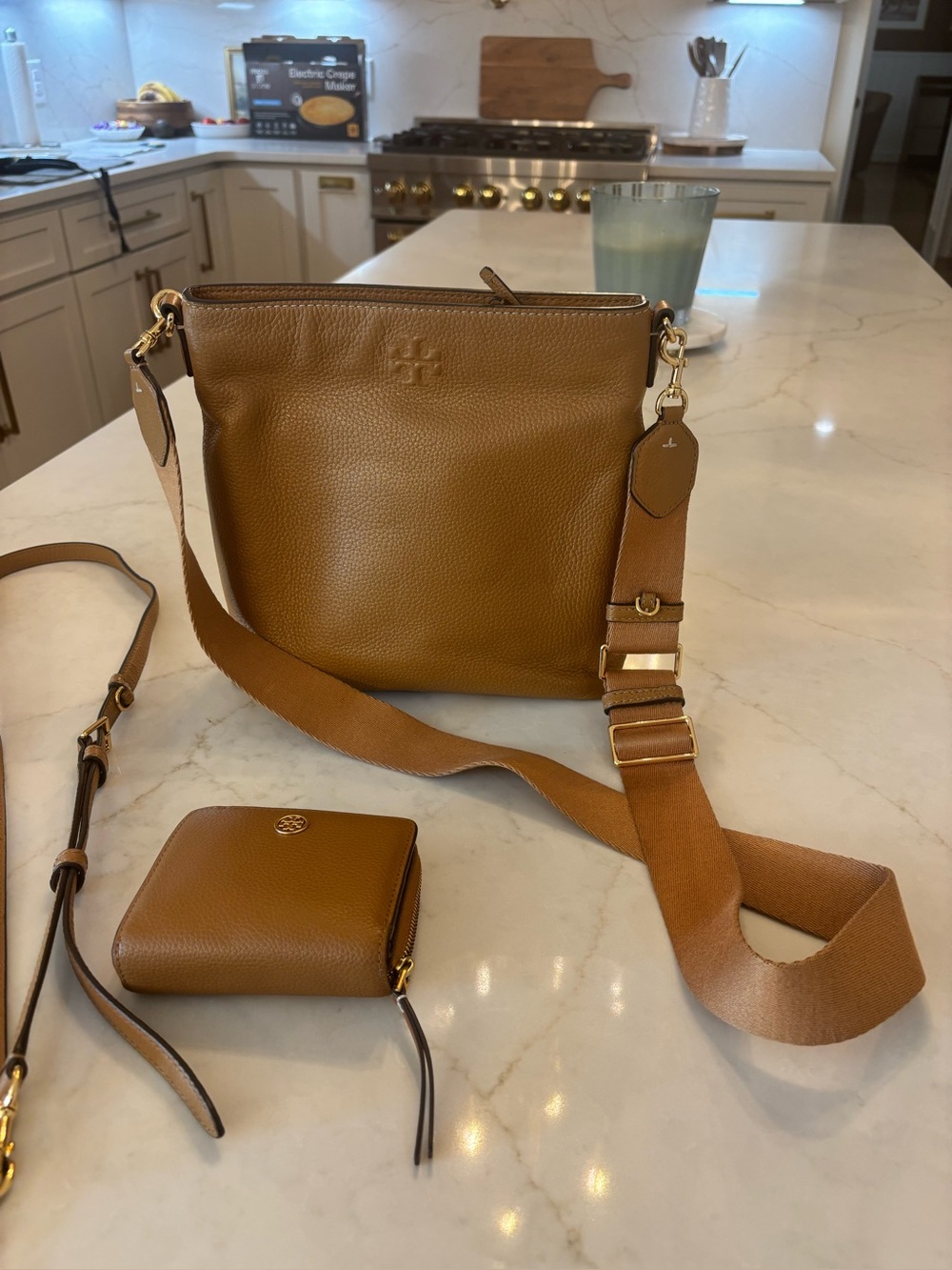 Tory Burch Pebbled Leather Crossbody in Saddle Brown with Coin Pouch